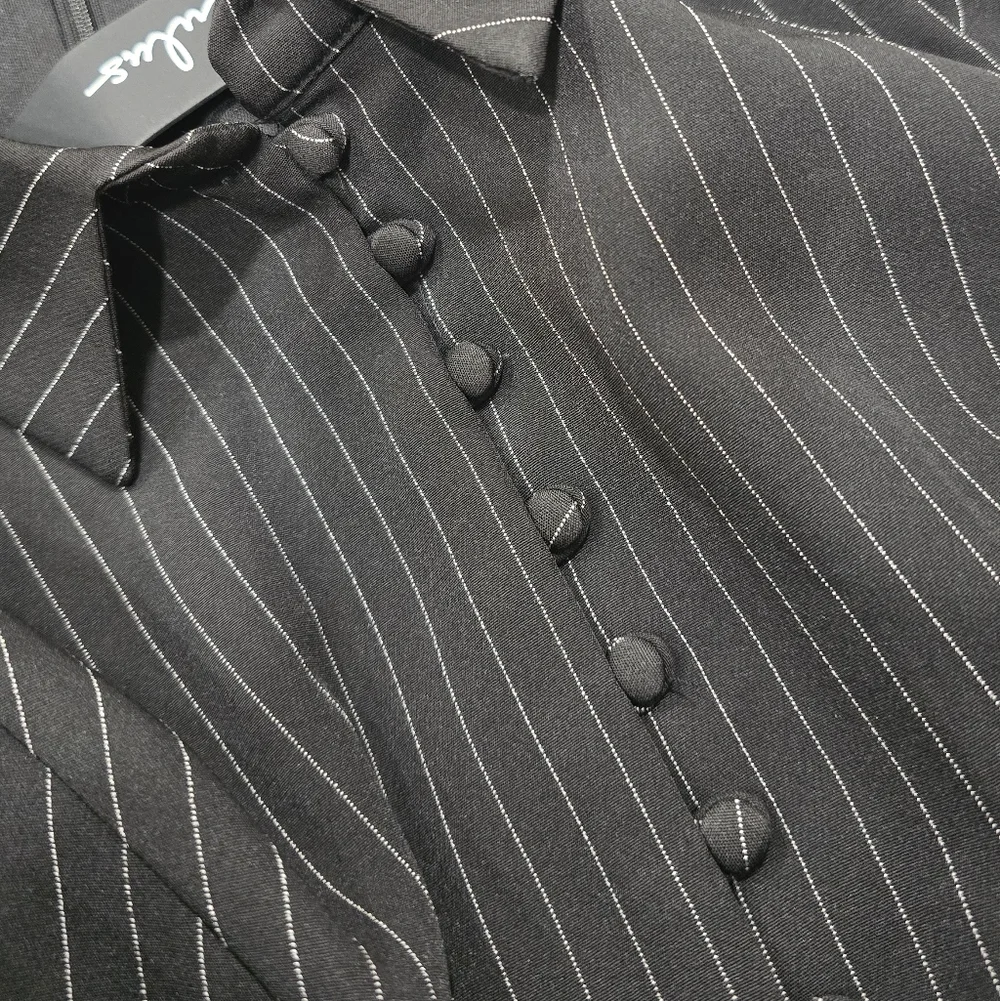 Lulus Totally Poised Black Pinstriped Collared Mini Dress With Pockets - Picture 6 of 7